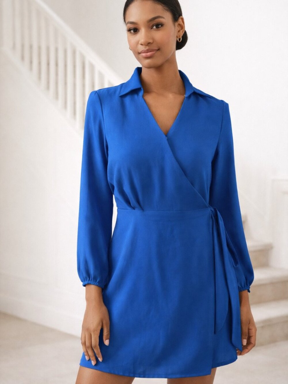 Halogen‎ Wrap Mini Dress XXS Surplice V-Neck Spread Collar Long Sleeve Preppy